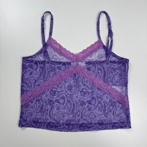 Y2K Sheer Mesh Purple Abstract Retro Groovy Lace Trim Cropped Tank Top Medium